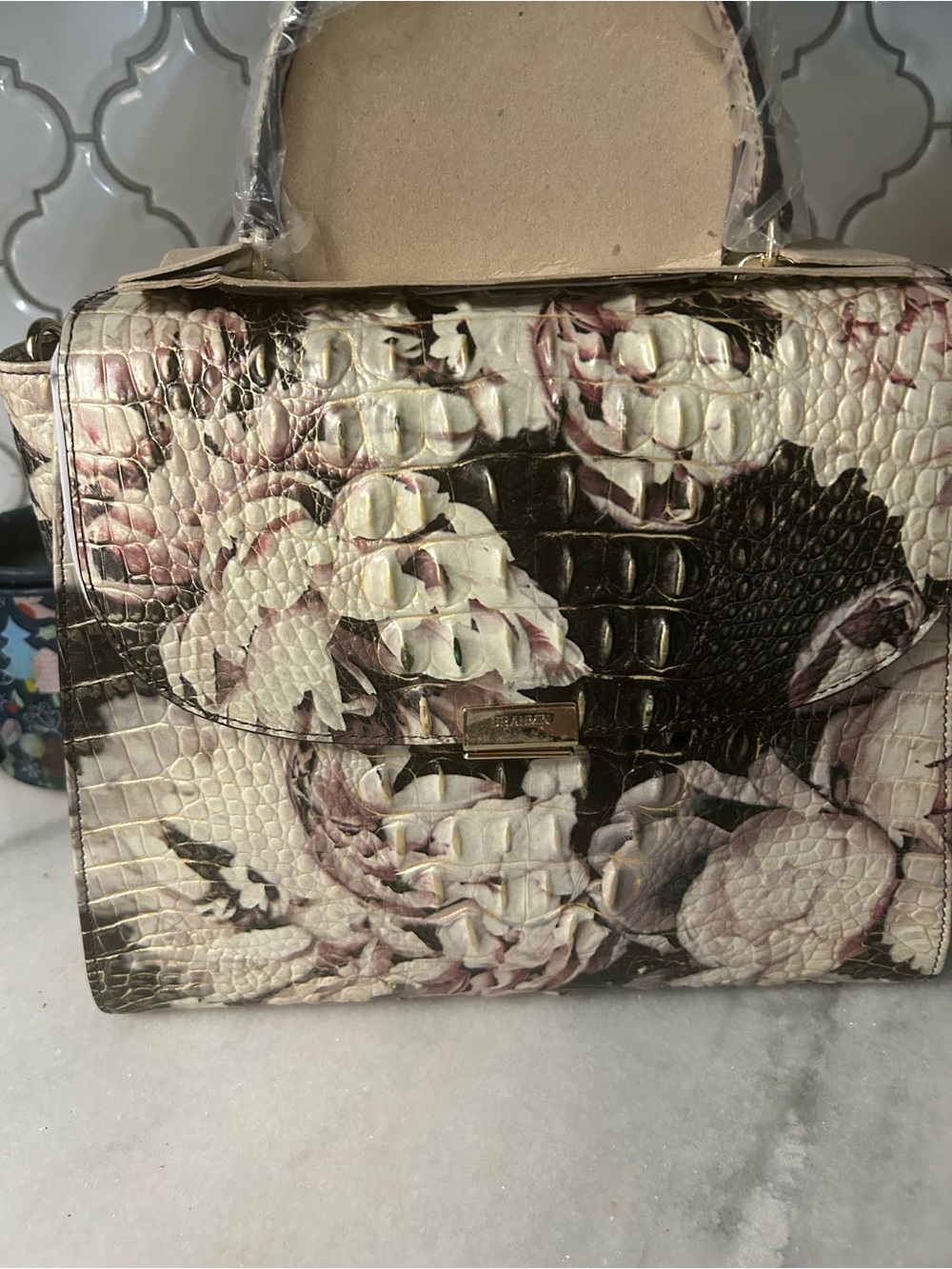 Brahmin Ingrid Eden Melbourne Crocodile Embossed Floral Leather Satchel Bag New - Picture 2 of 7